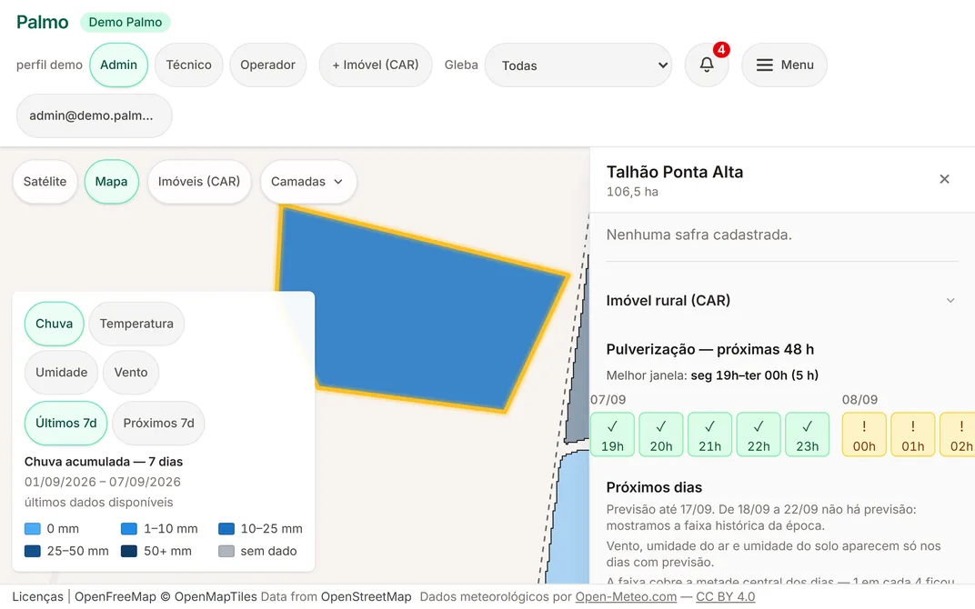 Faixa horária da janela de pulverização das próximas 48 horas, com cada hora classificada em ruim, marginal ou boa, e a melhor janela declarada acima da faixa.