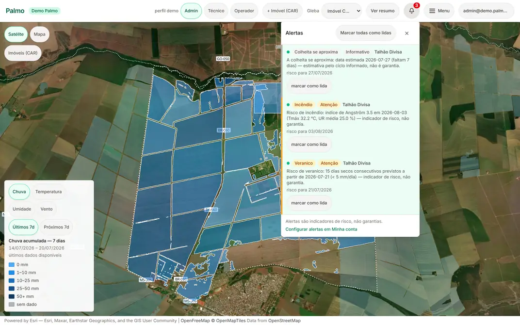 Central de alertas de risco por talhão, com avisos de colheita próxima, risco de incêndio e veranico, cada um com o valor físico que o originou e a data de risco.