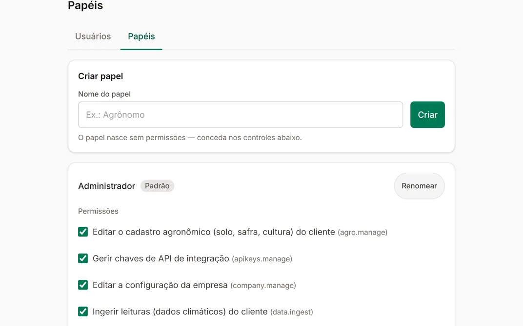 Aba Papéis da conta, com o formulário de criar papel e a matriz de permissões do papel Administrador — cadastro agronômico, chaves de API, configuração da empresa, ingestão de leituras e geometrias, papéis, atribuição de talhões e usuários — cada permissão marcada uma a uma.